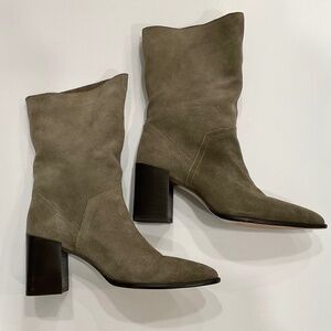 ZARA Leather Heeled Boots Olive Green Size 6.5 EU 37